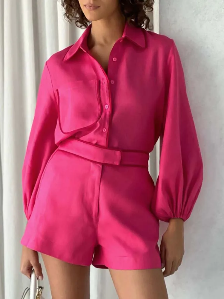 

Jyate Summer Pink Sets High Waist Shorts Shirt 2 Pieces Sets Casual Loose Outfits Fashion New Blouse Suit Two Piece Set Women