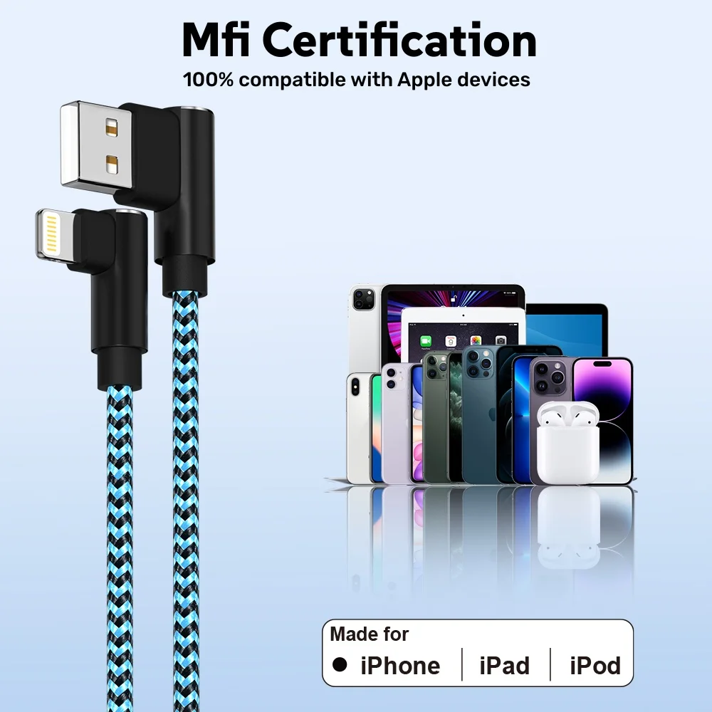 Кабель для зарядки ANSEIP USB A-Lightning, 90-градусный угловой, для iPhone 14, 13, 12, 11 Pro Max, X, XR, 6s, 7, 8 Plus, iPad, 3M, USB-C кабель (art.: 3920d91c5fe5e) - 3920d91c5fe5e