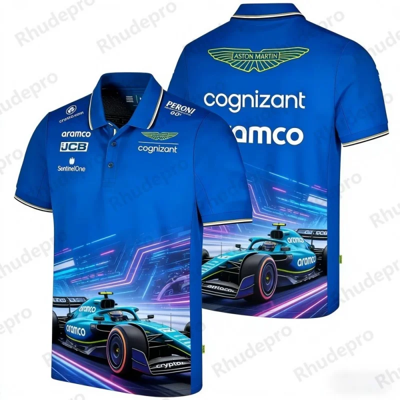 Фото Рубашка-поло Aston Martin Team Racing, мужская повседневная спортивная футболка с воротником, модная одежда для гонок с принтом №1