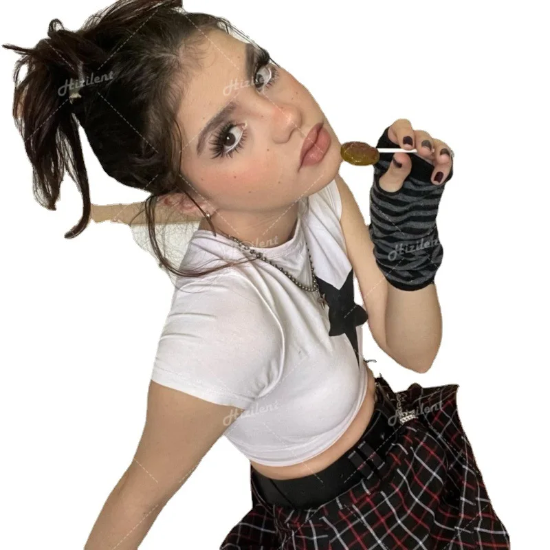 

Женский укороченный топ с коротким рукавом, Винтажная футболка в стиле 90-х с круглым вырезом и принтом звезд, в Корейском стиле, уличная одеж...