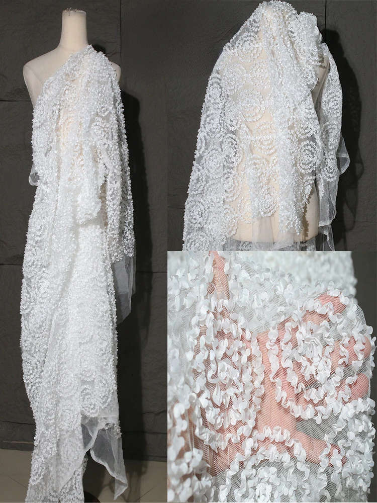 

Texture Jacquard Fabric White Pleated Hollowed Out Mesh Wedding Dress Lace Clothing Apparel Sewing Fabric Polyester Material