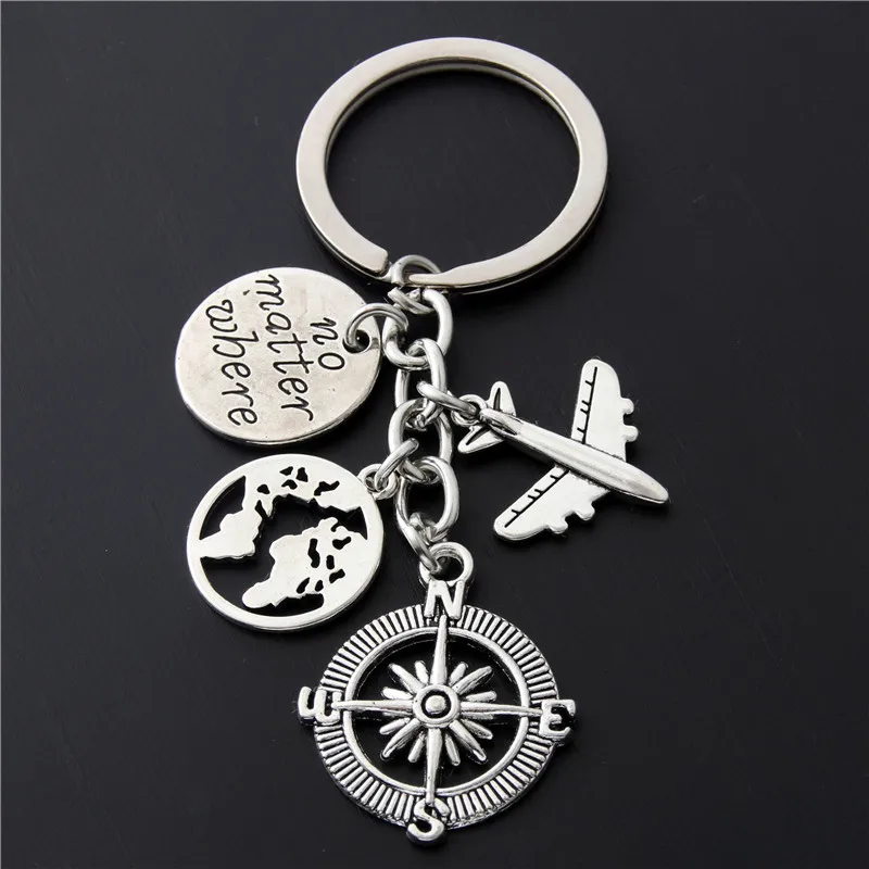 

Travel Plane Luggage World Compass No Matter Where KeyChain KeyRing Women Man Accessories Jewelry Bag Pendant Family Gift