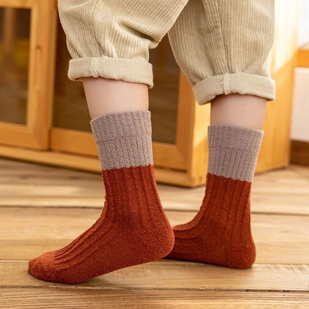 

Soft Thick Autumn Winter Children Coral Fleece Gifts Patchwork Color Kids Socks Floor Socks Mid Tube Socks Striped Socks