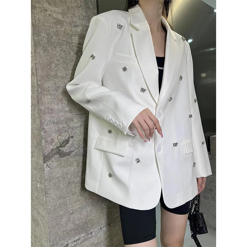 Design Sense Niche Suit Jacket for Women 2023 Autumn New Style Metal Letter Particle Wide Version All-Matching Suit Coat
