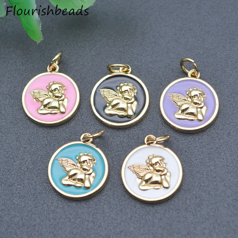 

Jewelry Making Supplies Nickel Free Anti Fading Gold Plated Various Color Enamel Round Angel Wing Charm Pendants for Bracelet