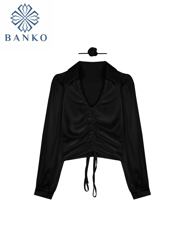 

Drawstring Tie Up Women Solid Color Short Tee 2022 Autumn V-neck Pleated Chiffon Blouses Harajuku Clothes Female Fashion Vintage
