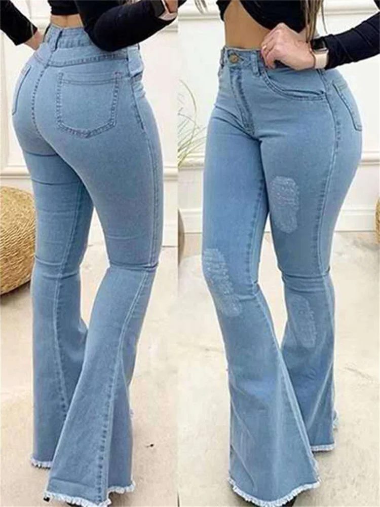 

2023 New Women Denim Jeans High Waist Stretch Baggy Pants Y2K Ripped Sexy Elegant Woman Wide Leg Flare Pants Jean Femme Trousers
