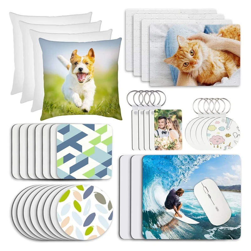

50x Round Square Sublimation Pendants Ornament Blank Keychains Heat Transfer Pillow Cover Mouse Pad for DIY Craft Making T8DE