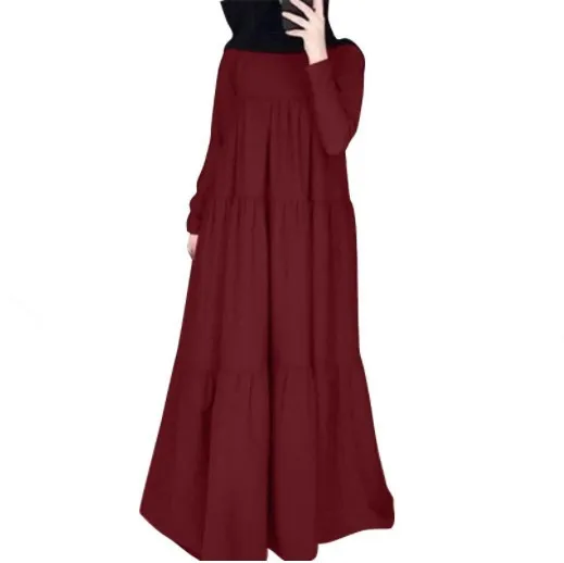 

Solid Color Large Size Simple Loose Pullover Mid-length Women Dress Temperament Elegant Fashion Loose Dress Muslim Abaya Party