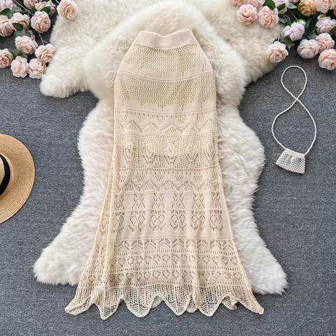 Women Bohemia Chic Hollow Solid Slim Skirt High Waist Crochet Split Elegant Midi Skirt Beach Vacation Spring Autumn Skirts