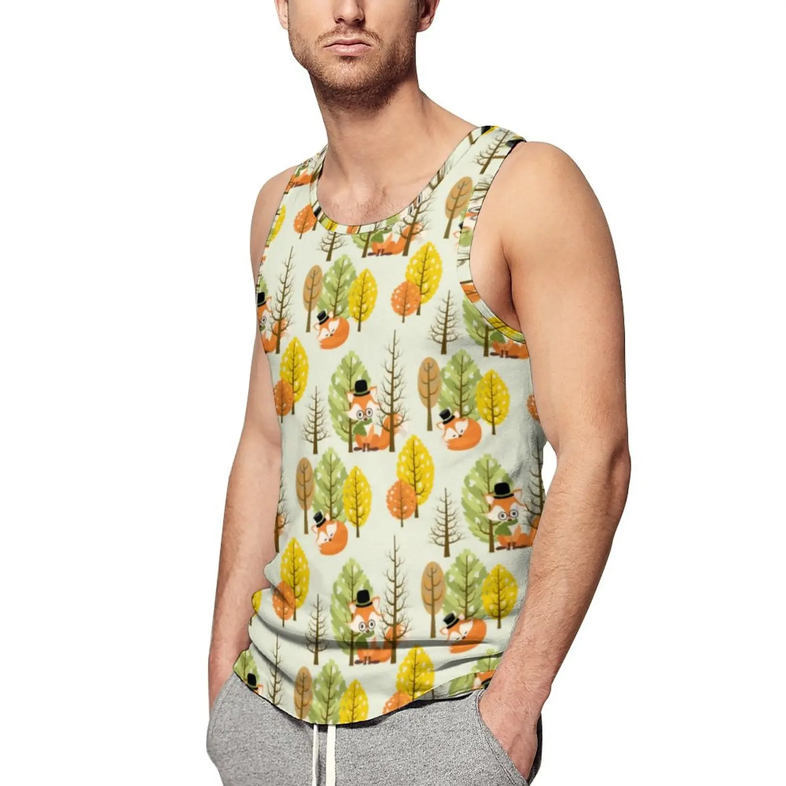 

Forest Animals Tank Top Mens Fox Autumn Trees Cool Tops Beach Workout Graphic Sleeveless Shirts Big Size 4XL 5XL