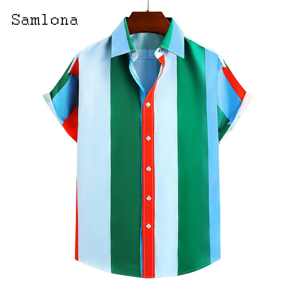 Men Latest Casual Striped Beach Shirt Homme Short Sleeve Fashion Blouses Sexy Mens clothing 2023 Single Breasted Tops Streetwear