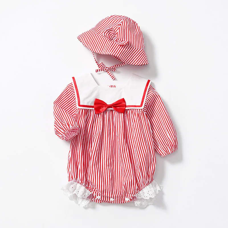 

2Pcs Baby Girl Bodysuit Long Sleeve Clothing For Infant Girls Red Striped Top With Hat Set 0-2Y Babi Bow Bodysuits Milamiya