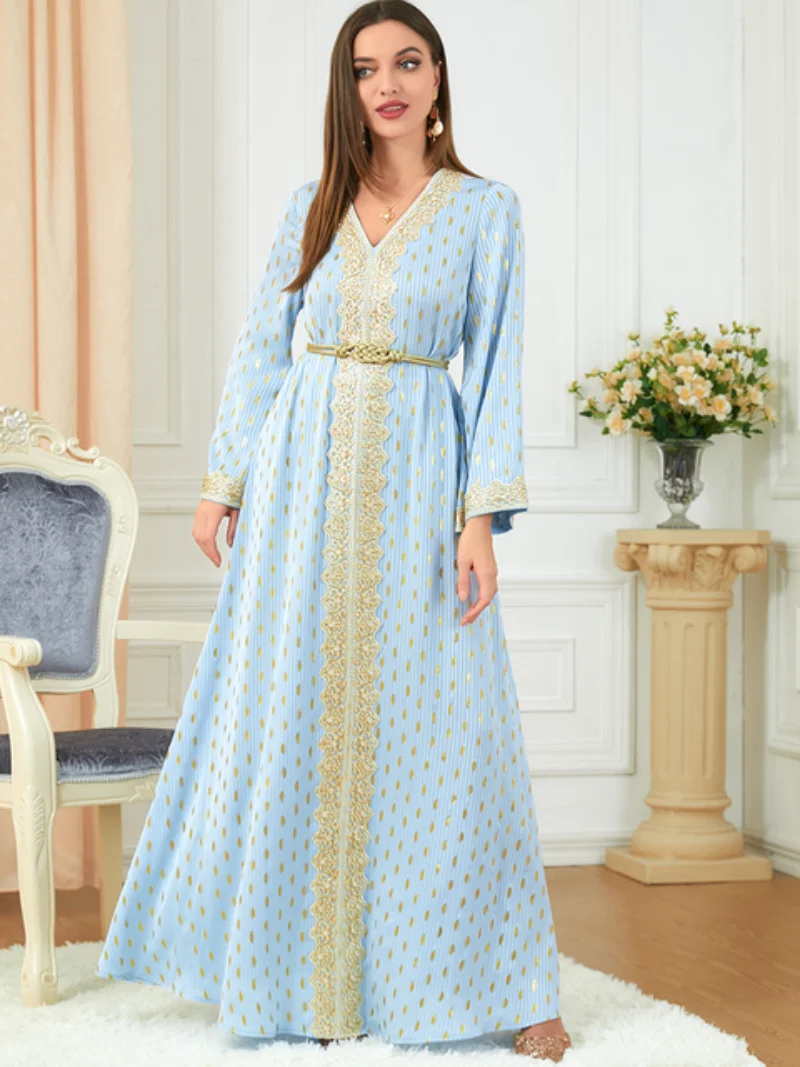 Caftan Marocain Embroidery Tape Trim Belted V-Neck Long Sleeve Evening Dress Women Long Dubai Bronzing Dot Abaya Ramadan New