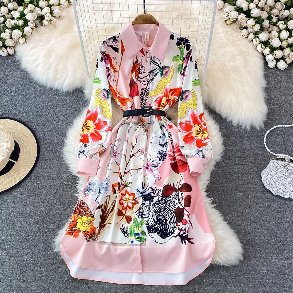 

Office Dresses For Ladies 2022 Formal Classy A Line Floral Printed Long Sleeve High Waist Midi Elegant Belt Work Business Dress