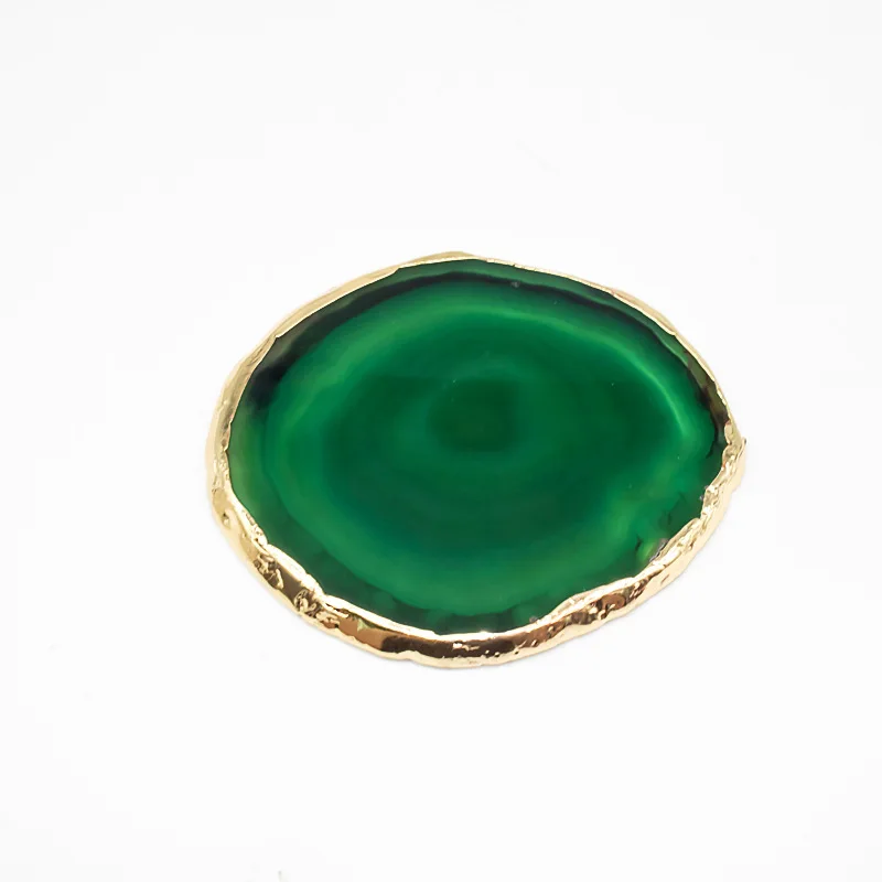 

Natural Crystal Green agate coaster Round gold-plated trim wafer insulated coasters Polished Slices Home Decoration