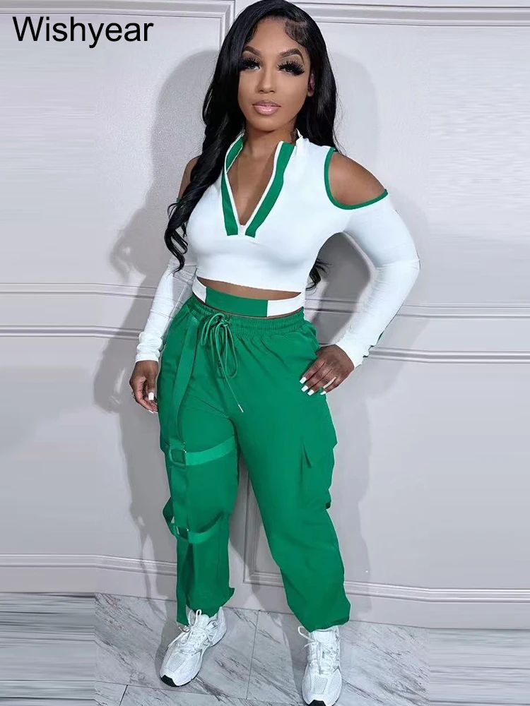 

Casual Sport Hollow Out Patchwork Tracksuit Women Lounge Wear Cold Shouder Zipper Crop Top + Sweatpants Two Piece Set Outwork