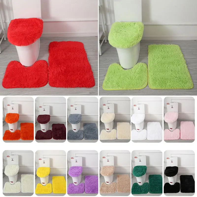 

3pcs/set Solid Color Bathroom Mat Set Geometric Simplicity Fluffy Hairs Bath Carpets Modern Toilet Lid Cover Rugs Kit U-shaped