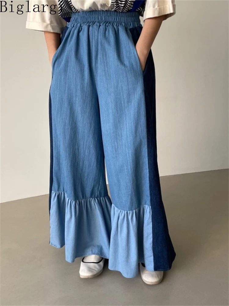 

Korea Spring Summer New Woman Ruffes Denim Ankle Length Pant Casual Loose Fashion Ladies Womens Blue Cotton Wide Leg Trousers