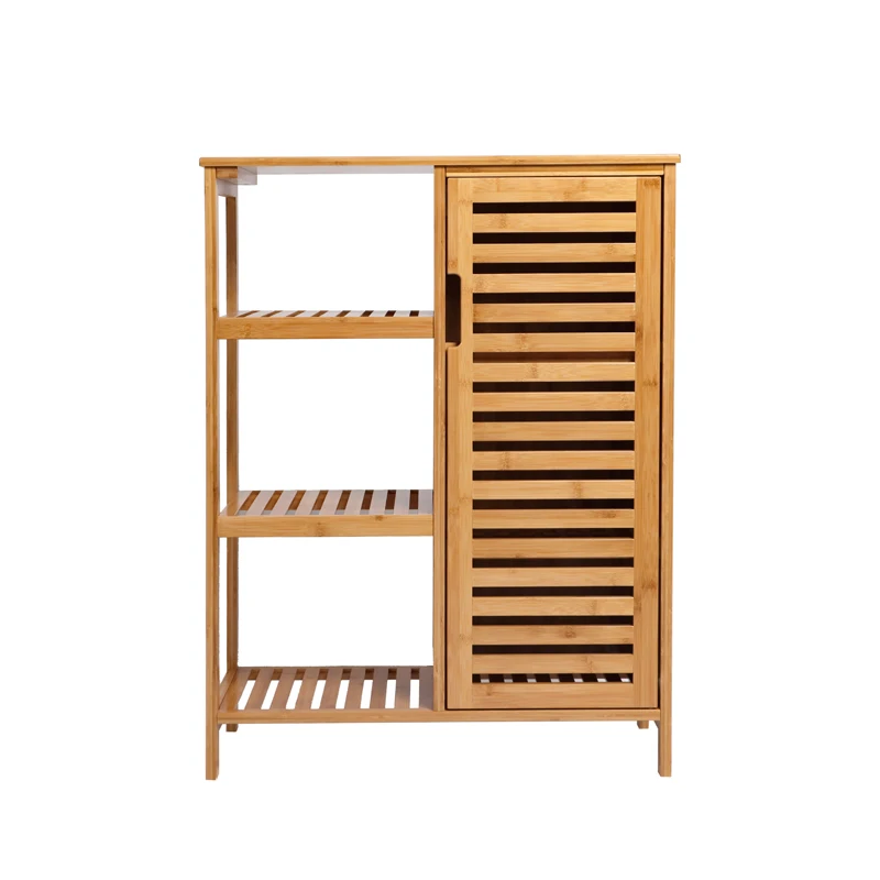 3 Tier Shelves with Door Bamboo Bathroom Storage Cabinet for Living Room Bedroom Kitchen