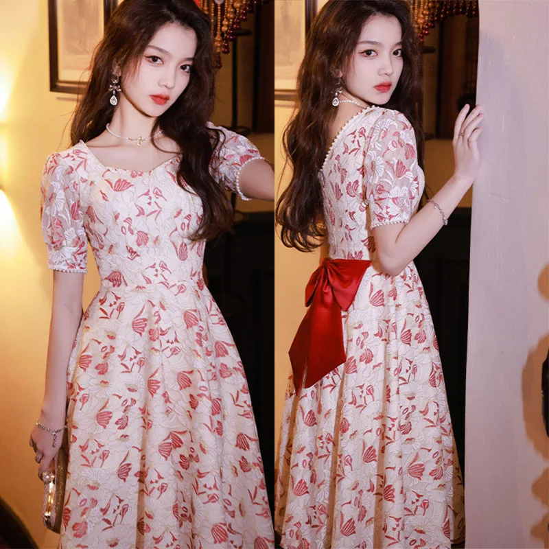 Elegant Lady Qipao Cheongsam Square Neck Evening Party Dress with Bow Red Lace Bride Wedding Dress Classic A-Line Vestidos 3XL