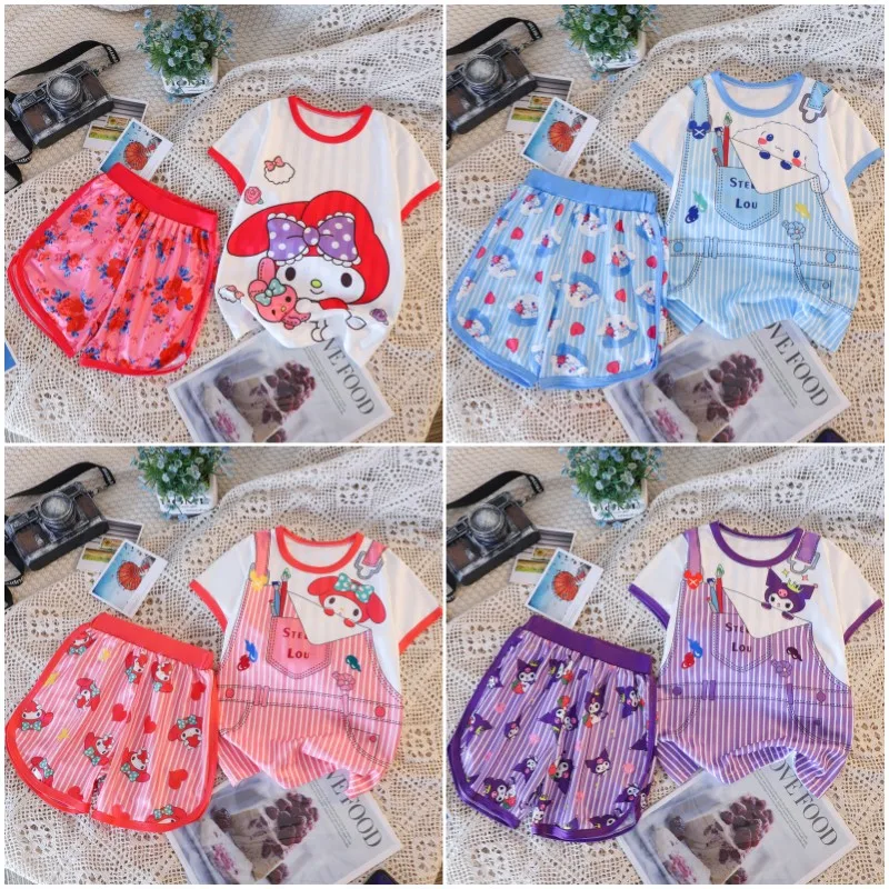 

Sanrios аниме Kuromi Cinnamoroll My Melody HelloKittys детские летние пижамы для мальчиков и девочек Домашняя одежда шорты с коротким рукавом костюм