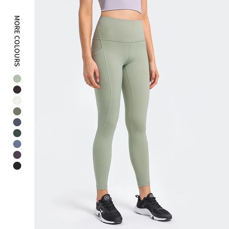 

Solid Color Soft Women Sports Pants Tight High Waist Yoga Leggings Workout Athletic Skin-friendly Side Pockets Fitness Training