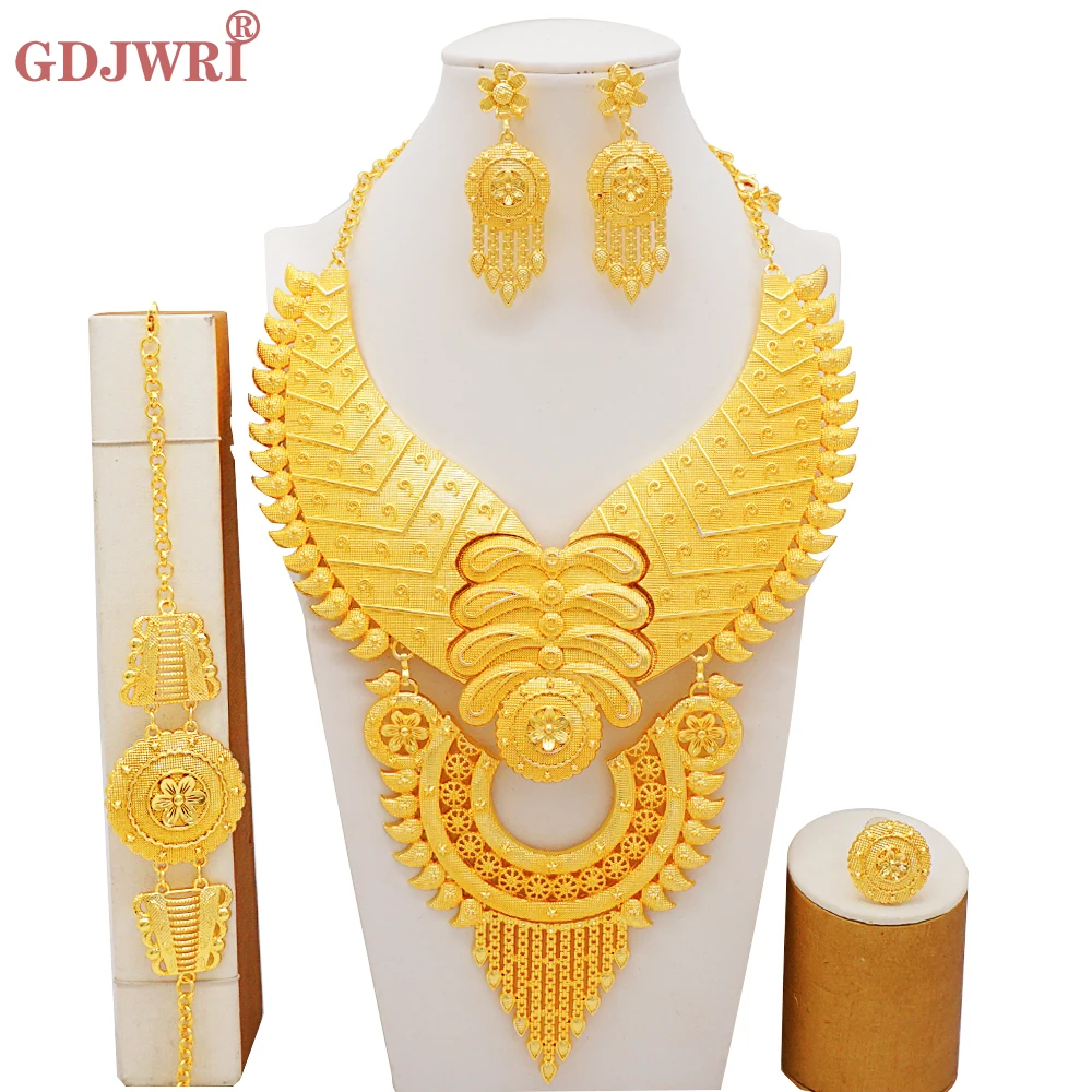 

24k Gold Plated Dubai Luxury Big African Jewelry Necklace Bracelet Earrings Ring Sets For Women Bridal Wedding Trend Jewellery