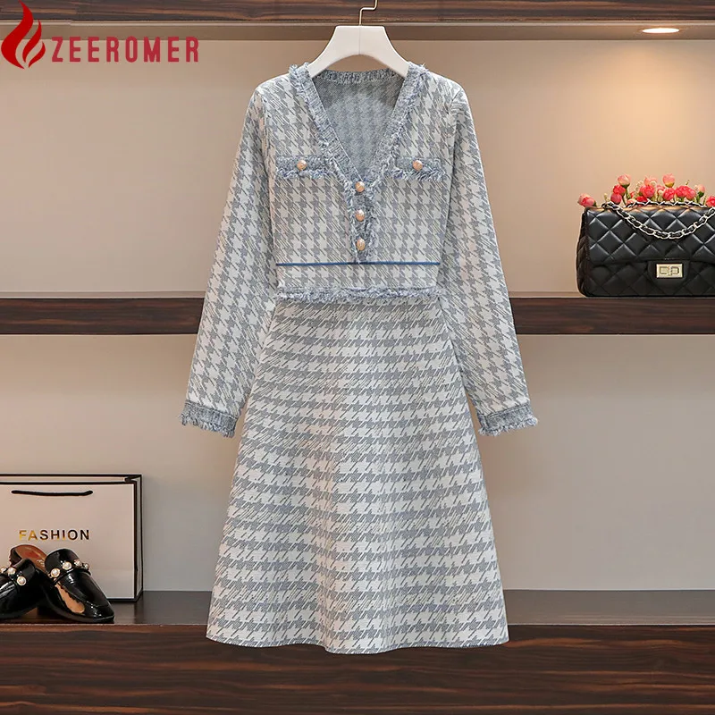 

2022 Autumn Elegant Knitted Dress High Quality Women V Neck Long Sleeve Buttons Tassel Dress Vintage Houndstooth Sweater Dress