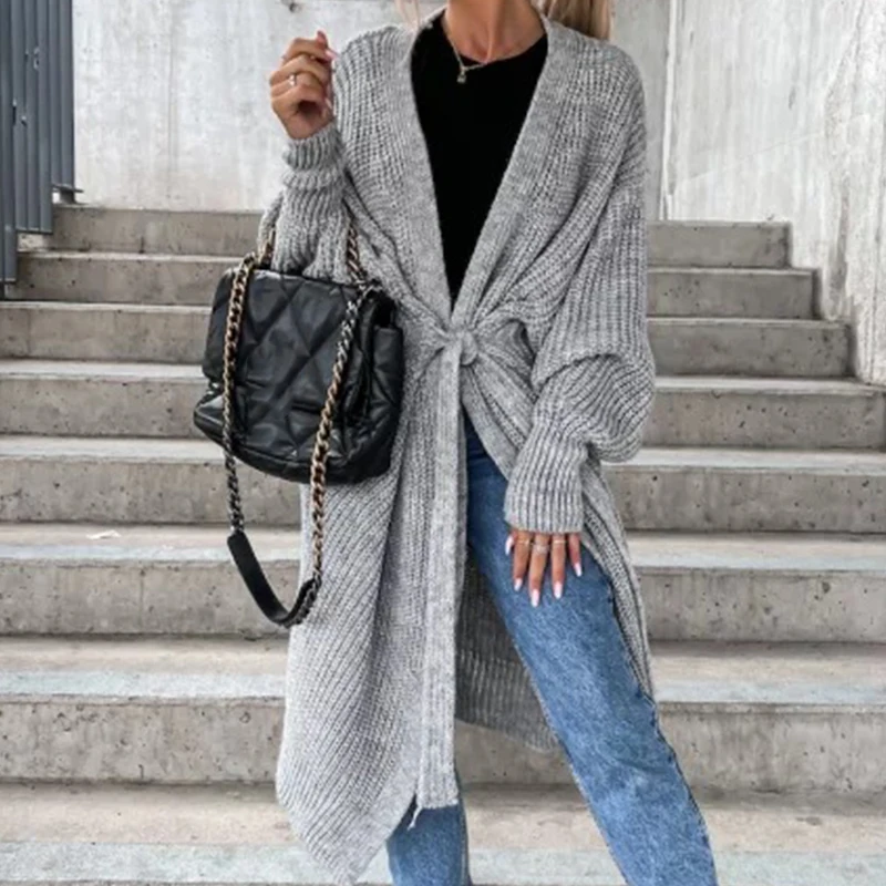 

Women Elegant Solid Knitted Cardigans Autumn Winter Casual Loose Long Sleeve Belted Sweater Coats Ladies Fashion Ribbed Sweaters