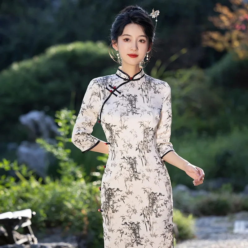 Элегантное осеннее улучшенное платье Yourqipao с имитацией чернил церемониальное