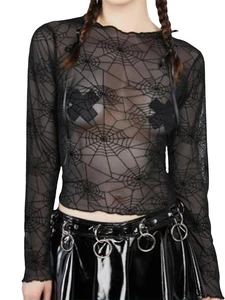 Women’s Sheer Mesh Tops, Halloween Long Sleeve Round Neck Cobweb Print Tight T-Shirts