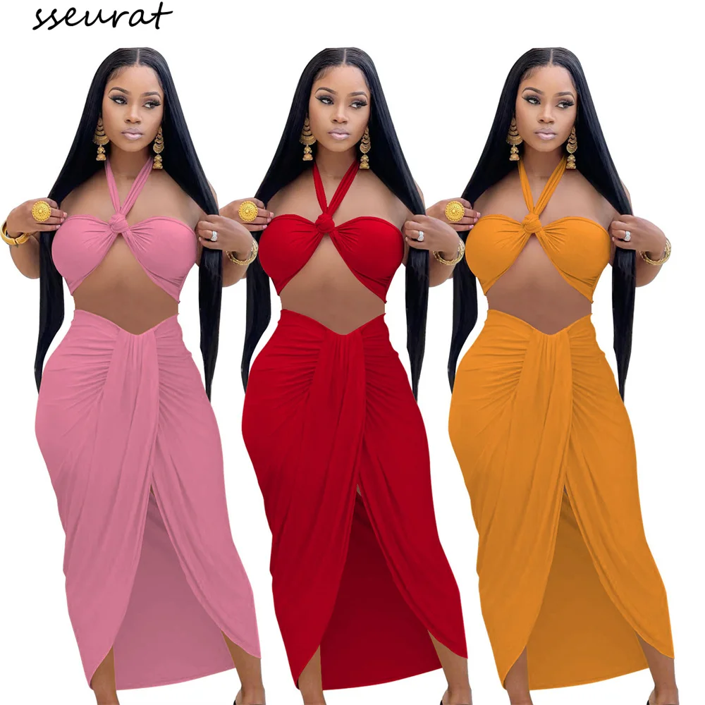 

Женский комплект из двух предметов SSEURAT, летний комплект из двух предметов, укороченный топ с завязками и юбка миди с высоким разрезом для кл...