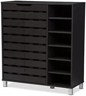

Modern & Contemporary Wood 2-Door Shoe Cabinet with Open Shelves, Dark Brown & Entryway Bench, Espresso