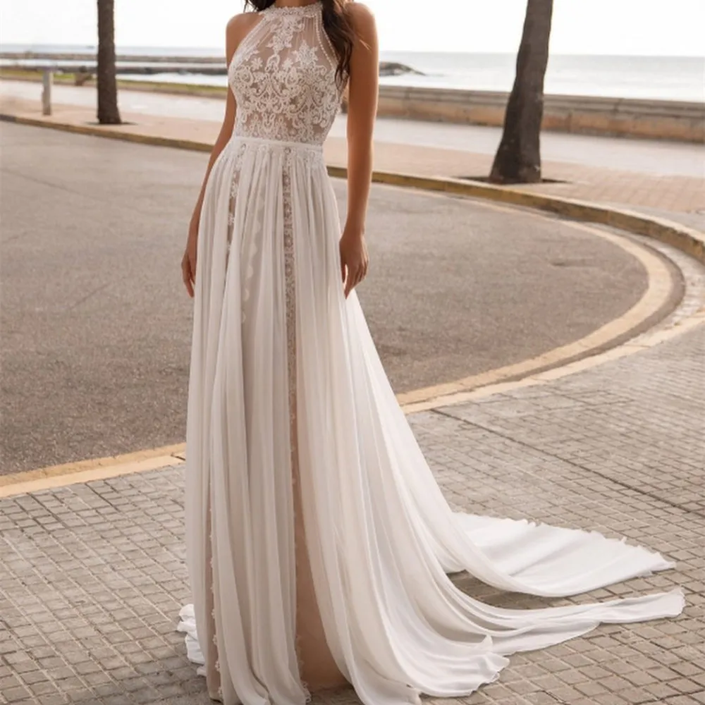 

Wedding Dress Bohemian Boho Lace Chiffon Sleeveless Beach Backless Sweep Train Bride Dresses Bridal Gown Robe De Mariee New