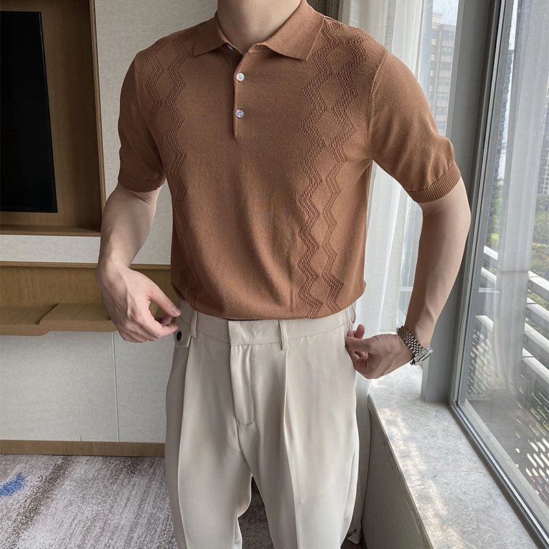 

Men 2022 Summer New Slim Fit Knitted Polo Shirt Male Solid Color Casual Lapel Tops Men Short Sleeve Shirts Mens Clothes G196