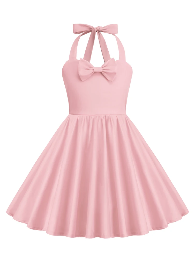 

2023 New Harajuku Retro Girl Princess Dress Casual Cute Bow Front Haler Neck Backless Party Outfits Red Solid Cotton Kids Dress