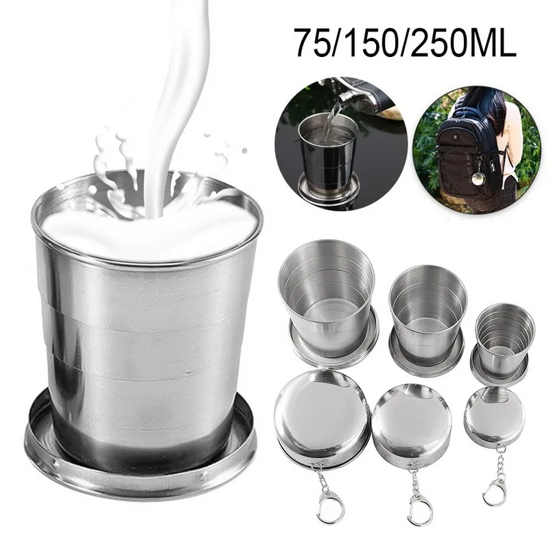 

New Stainless Steel Camping Folding Bottle Traveling Outdoor Camping Hiking Folding Portable With Keychain Collapsible Glass