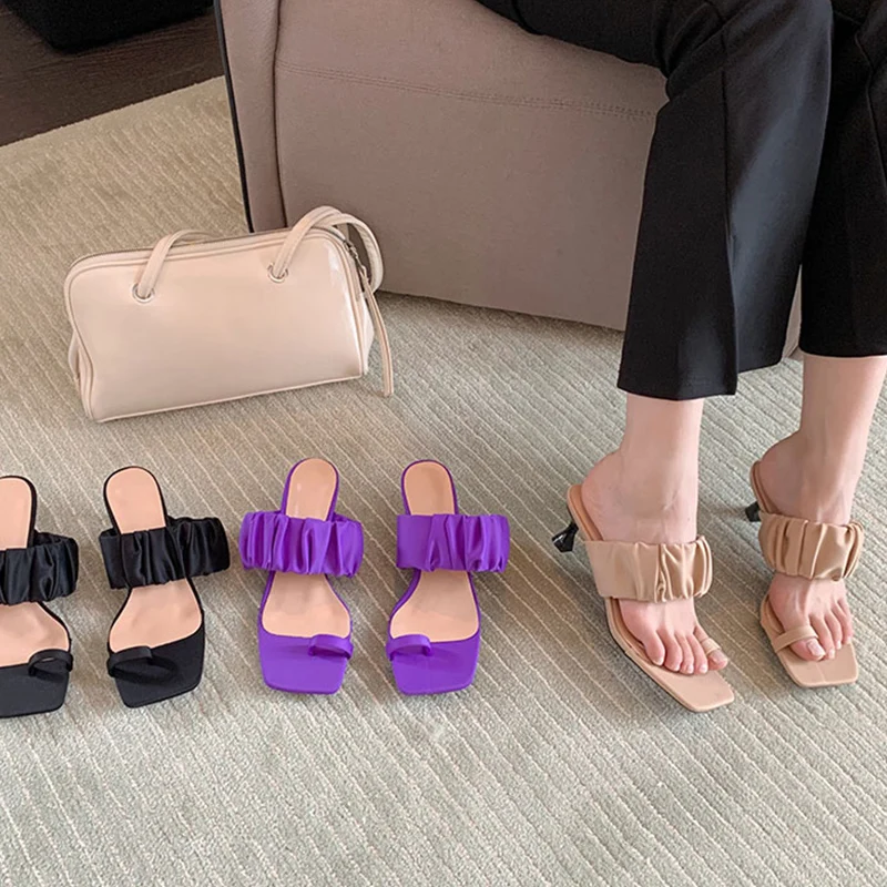 

Шлепанцы женские с квадратным носком, роскошные сандалии со складками, повседневные сланцы, туфли на высоком каблуке, фиолетовые, 2022