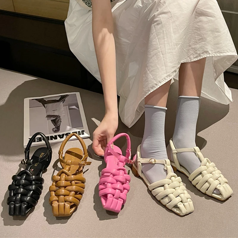 

2022 Summer New Brand Women Sandal Fashion Weave Ankle Strap Slingback Flats Ballet Slip On Mules Casual Slides Ladies Dress Sho
