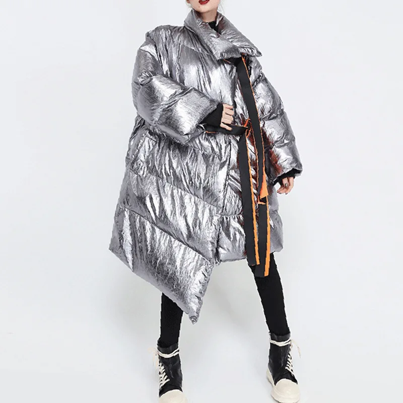 KoHuiJoo  Streetwear Winter Coat for Women Autumn Winter Turndown Collar Thick Warm Irregular Coat Bandage Cotton Padded Jackets