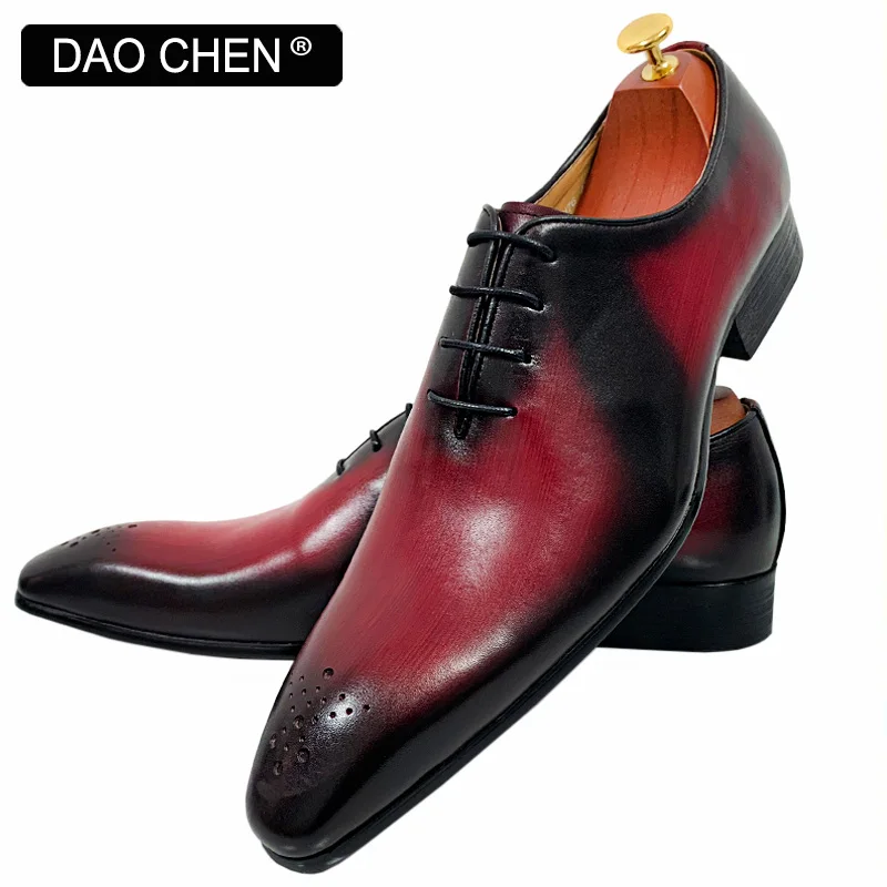 ELEGANT FORMAL MEN GENUINE LEATHER SHOES LACE UP POINTED TOE MAN DRESS SHOES RED MIX BLACK WEDDING BUSINESS OXFORD SHOES FOR MEN