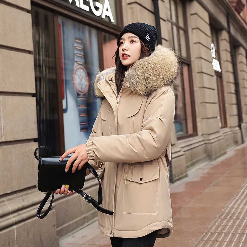 Plush Sustans Parkas Autumn Winter Women Big Furry Collar Short Style Slim Hooded Coat Office Lady Casual Commute Warm Overcoats