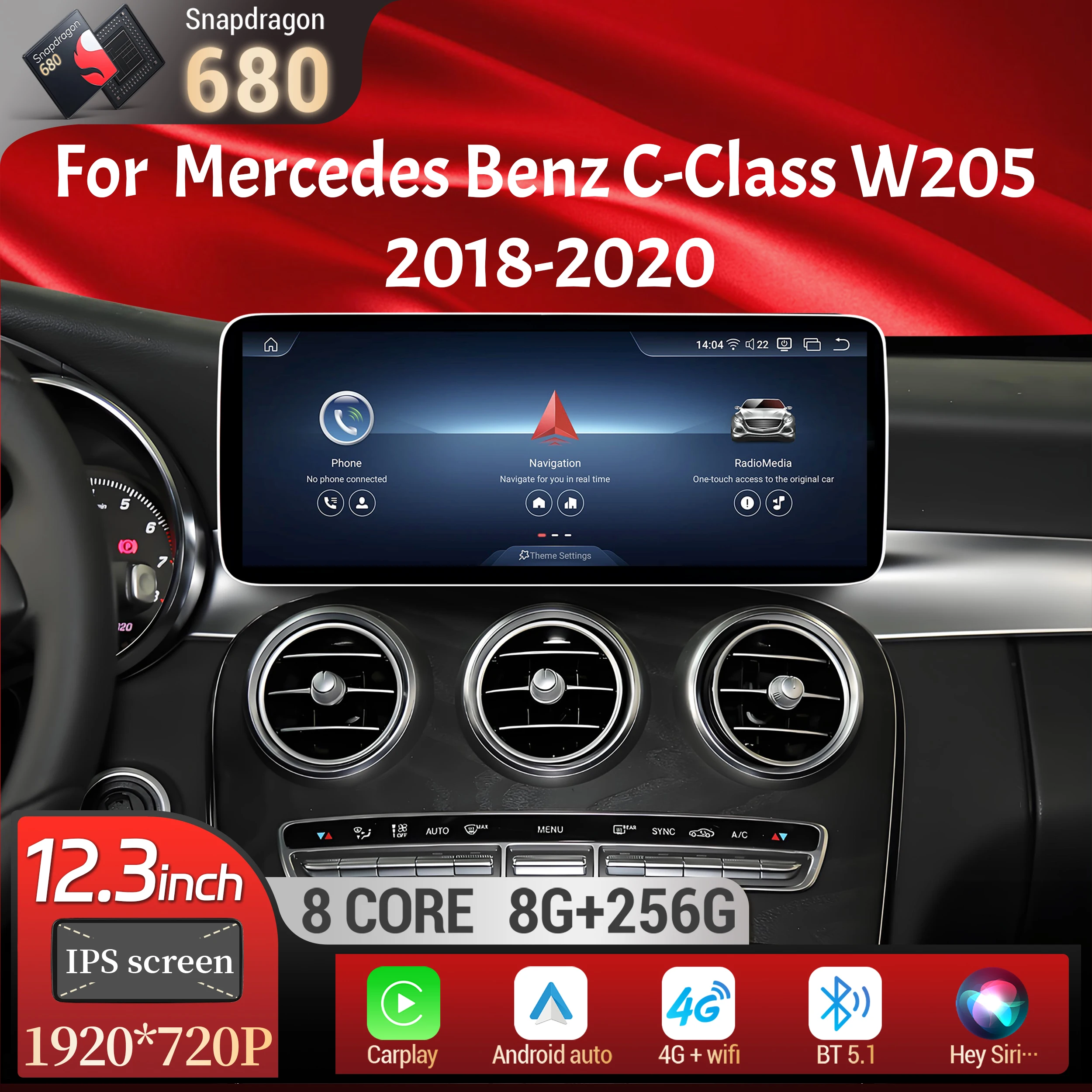 Фото 12.3-дюймовый автомобильный радиоприемник Android 14 с беспроводным CarPlay, процессором Snapdragon 680 SM6225 и сенсорным экраном для Mercedes Benz C-Class W205 S205 2018-2020 №1