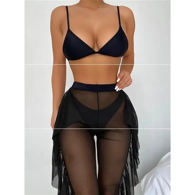 

2022 New Sexy Three Pieces Bikini Set With Ruffle Beach Pants Swimwear Women Swimsuit Female Solid Bikini Bathing Suit Beachwear