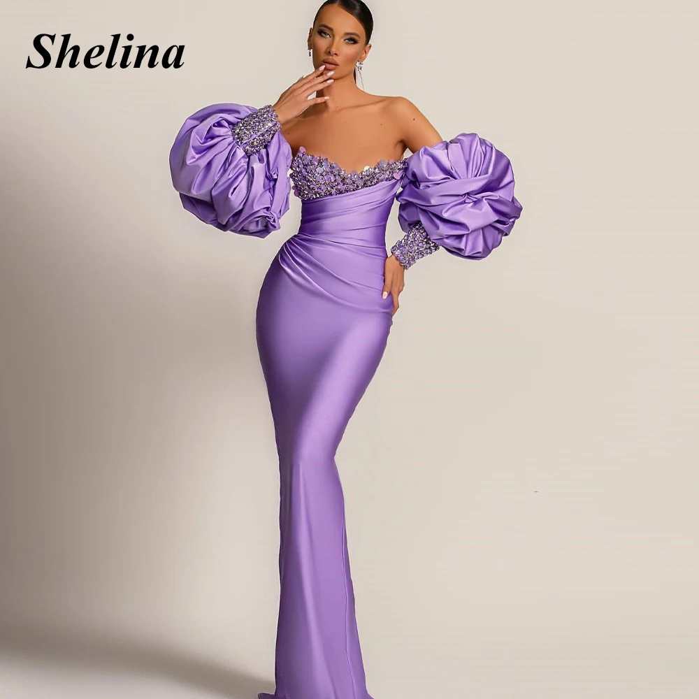 

Shelina Trendy Sweetheart Prom Dress Lantern Sleeve Pleat Straight Sequined Crystal Backless Vestido De Noche Personalised