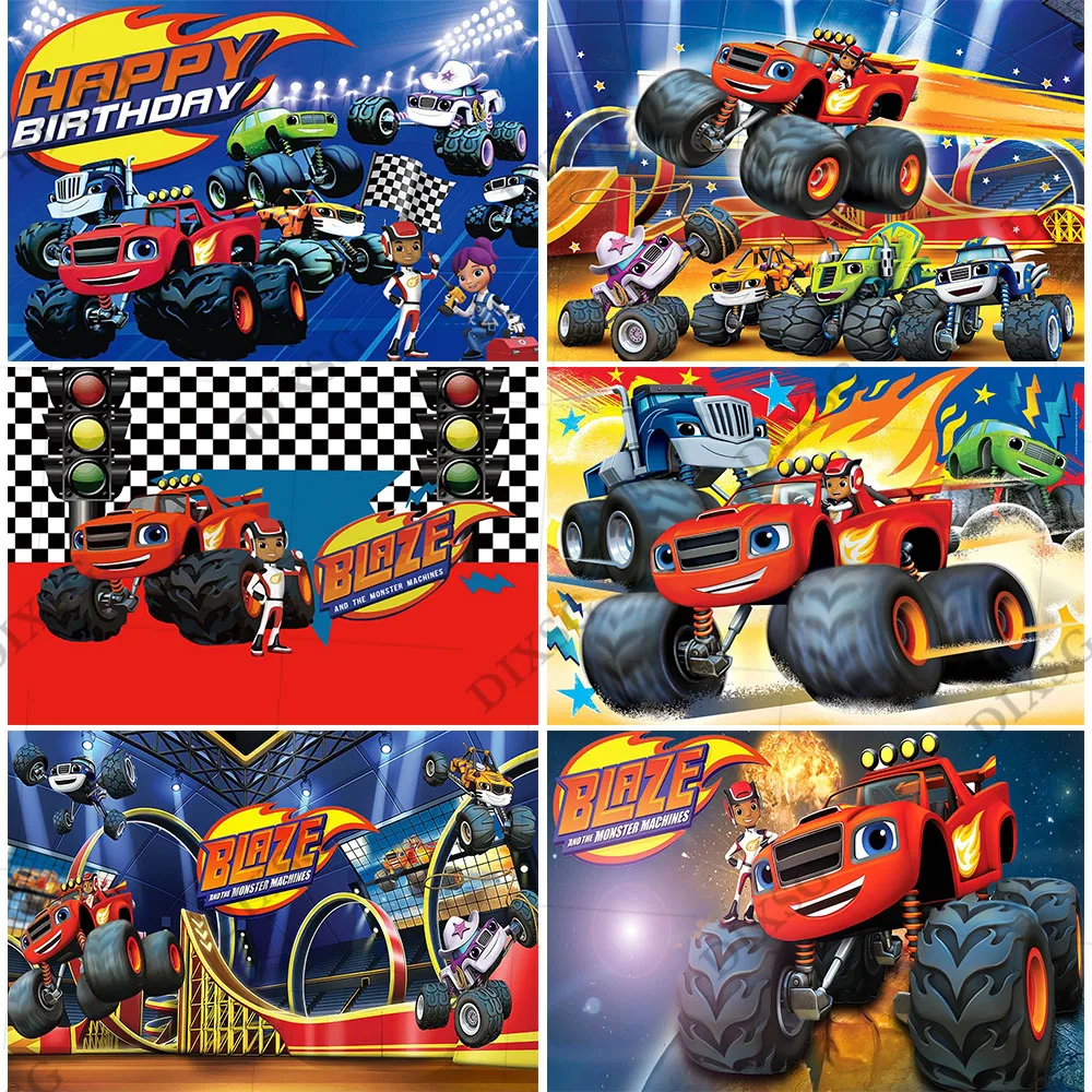 

DIXSG Blaze and The Monster Machines Photography Backdrop Boys Birthday Banner Background Racing Red Truck Photo Studio Props