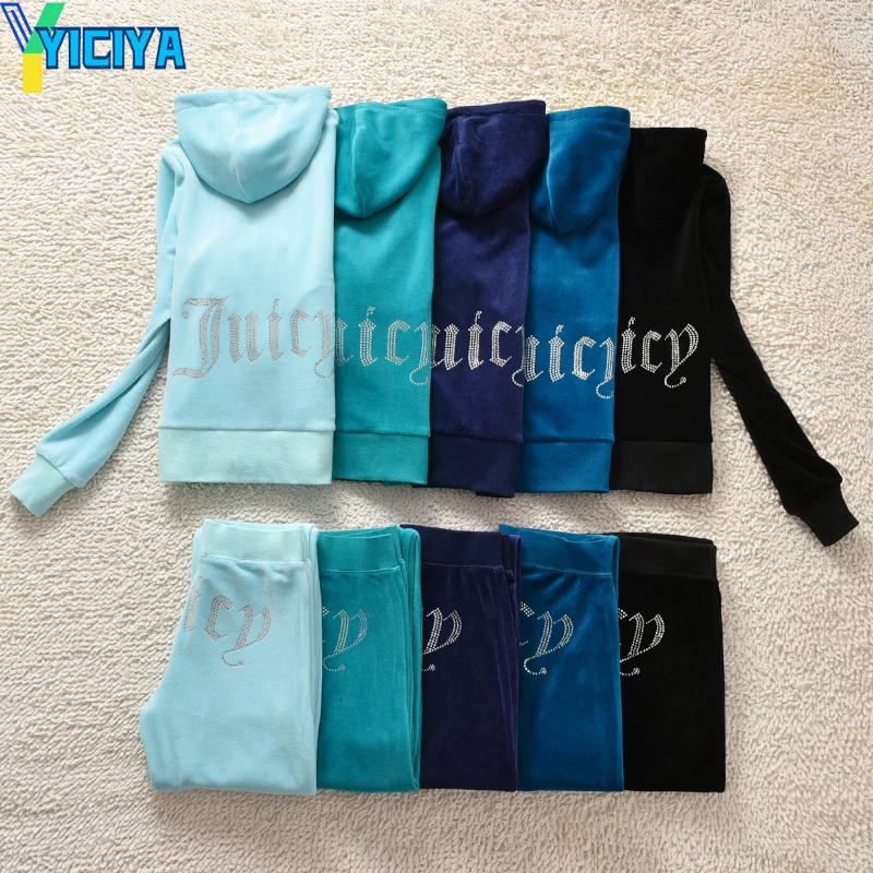 YICIYA 2022 New JC Rhinestone Velour Suit  Velvet Set Tracksuit Women Velvet  Crop Top And Pants Winter  Velour Pants Suits Tops