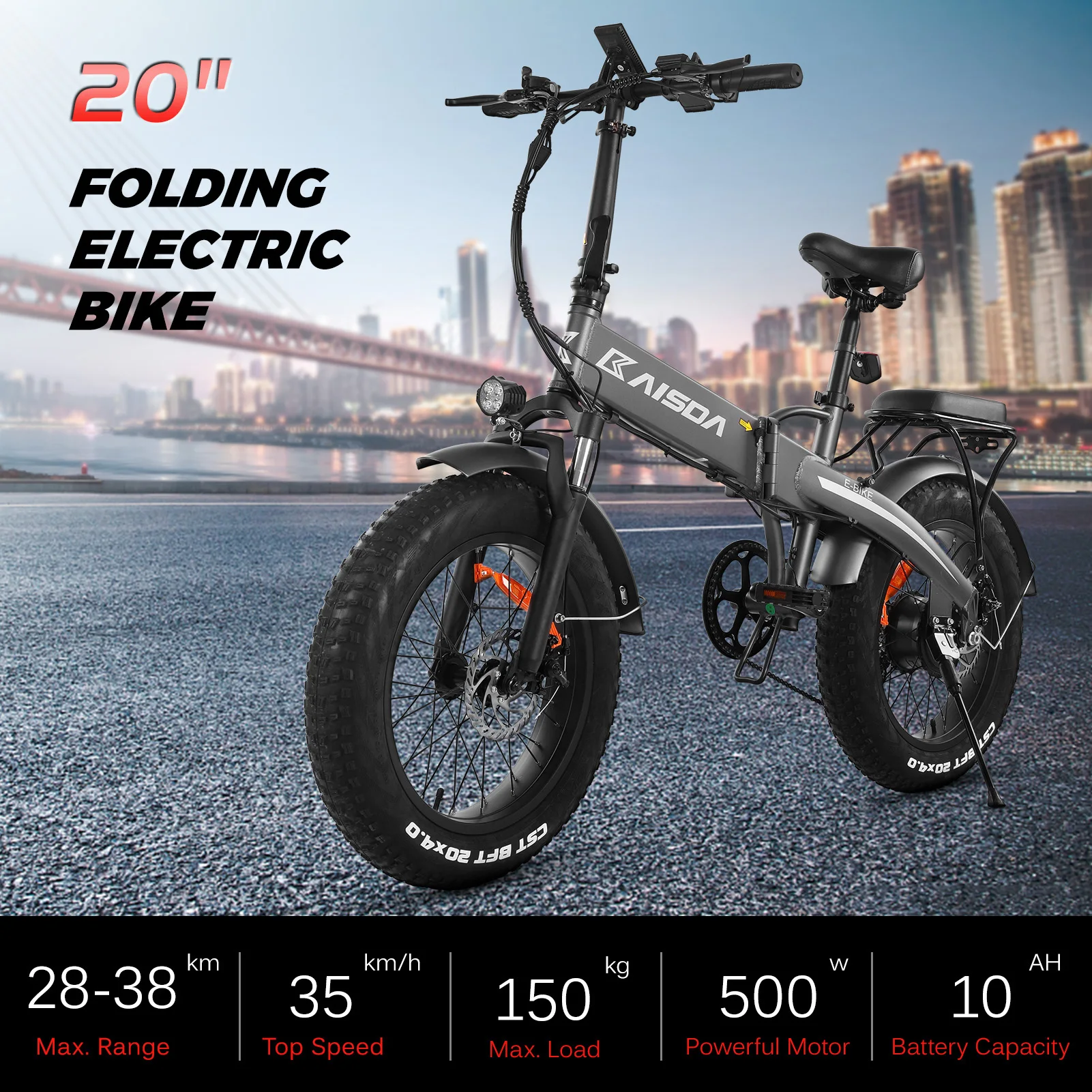 

20Inch 500W Electric Bike Folding E-Bike with 32km/h Top Speed 33-38km Mileage Range 7-Speed Gears Commuter Bicycle