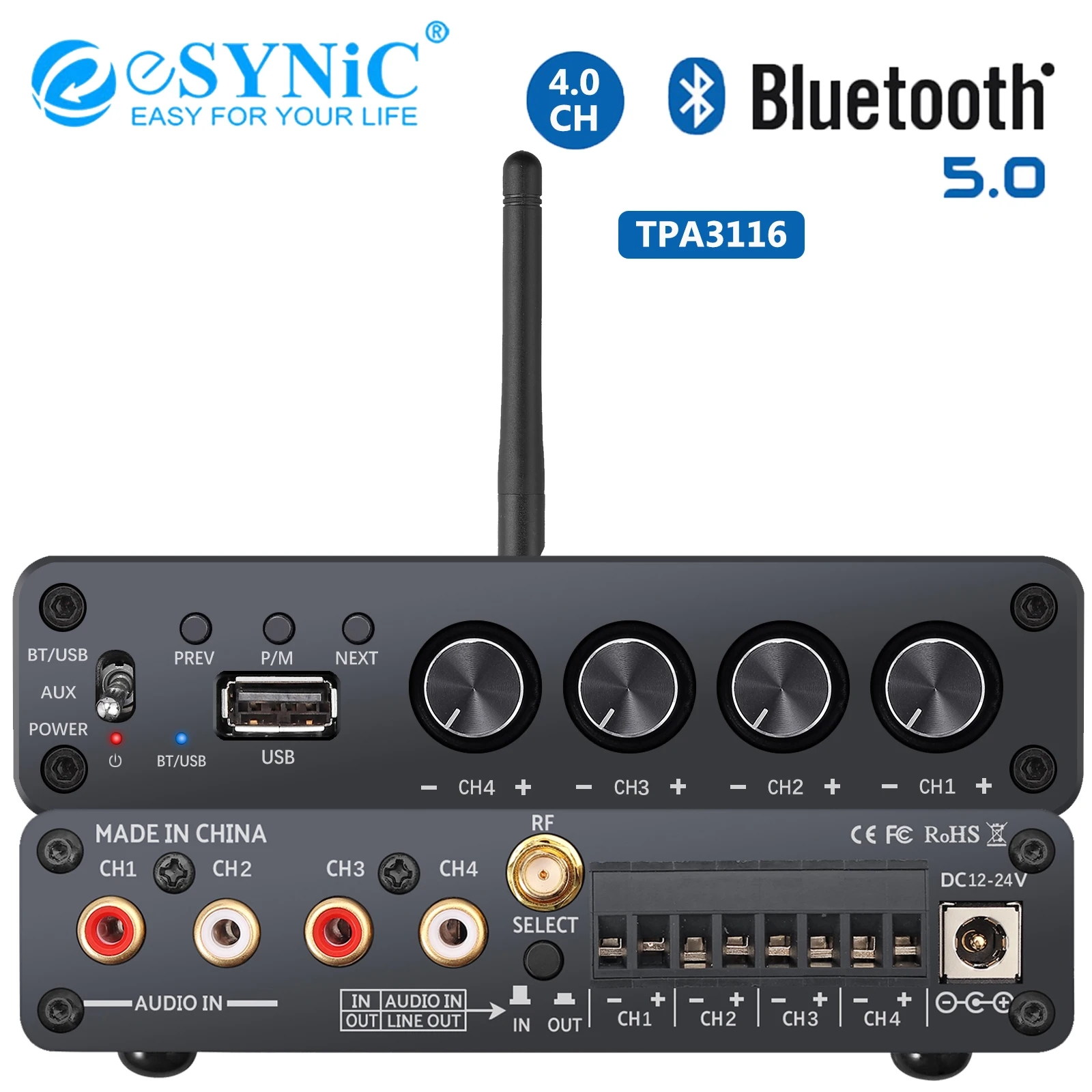 

ESYNiC HiFi Digital Power Amplifier Bluetooth 5.0 Stereo 4 Channel Audio Amp for Passive Speakers 50W x 4 TPA3116 Volume Control